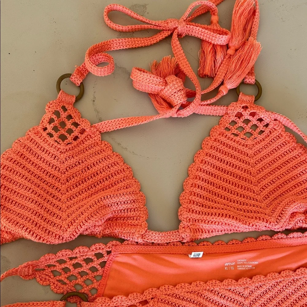 Aerie Crochet Bikini Set in Coral Top M Bottom Large - Picture 2 of 5
